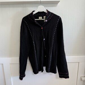 Vintage Wool Black Cardigan with Contrast Stitching